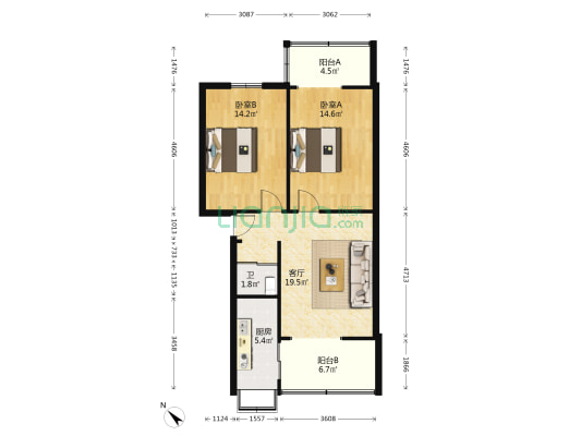 电信宿舍 2室1厅1卫 76平方