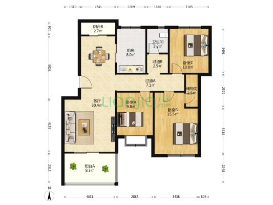 明珠公馆西区 3室1厅1卫 123平方