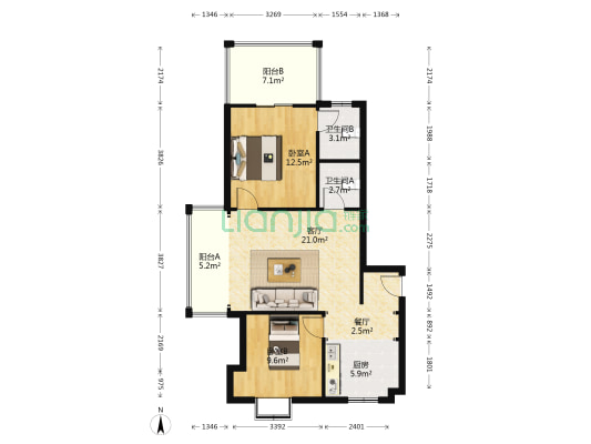 湘岳兰庭 2室2厅2卫 93平方