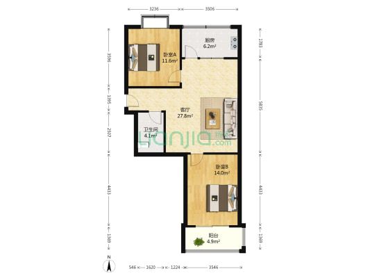 天业翠苑 2室1厅1卫 85平方