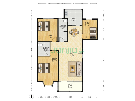 潜龙山庄 3室1厅2卫 113平方