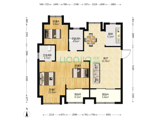 东津世纪城19区中枢府 3室1厅2卫 118平方