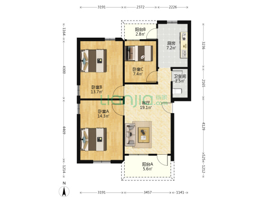 东门北路2075号 3室1厅1卫 82平方