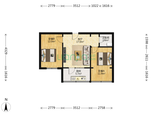 机械化家属院 2室1厅1卫 64平方