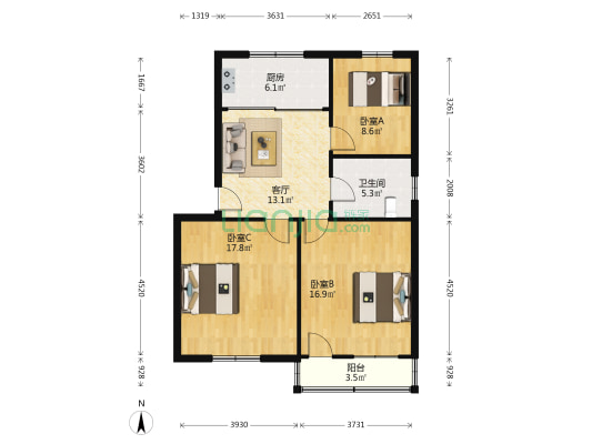 全功路社区 3室1厅1卫 80平方