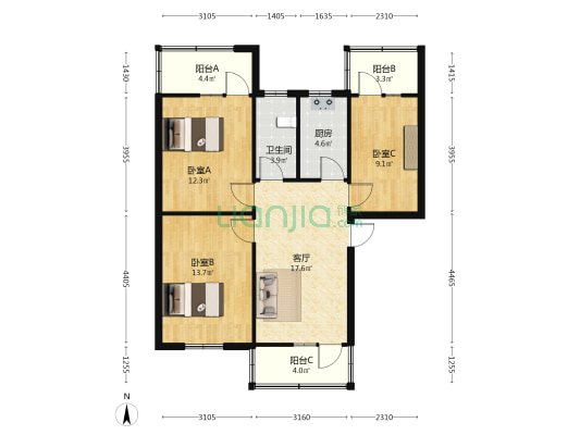 外贸综合楼 3室1厅1卫 85平方