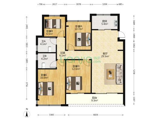 龙湖江与城江与东府 4室1厅2卫 123平方