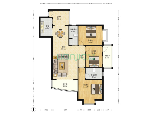 金湖麗景 3室1厅2卫 130平方