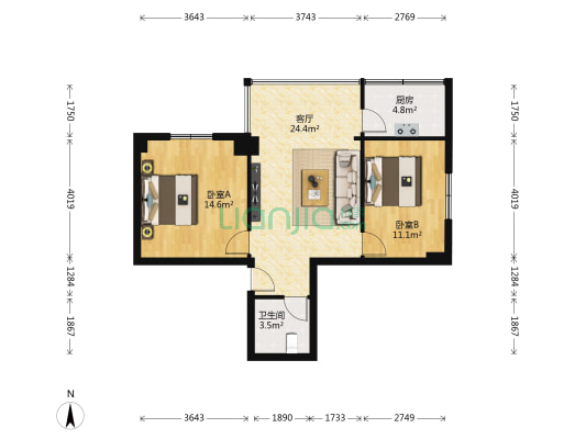 华都天韵大厦 2室1厅1卫 88平方