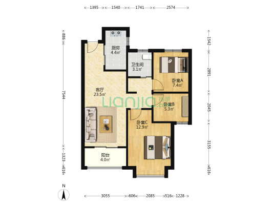 龙湖水晶郦城 3室1厅1卫 83平方