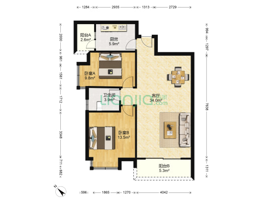 繡美豐文 2室1厅1卫 90平方