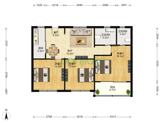 和平公寓 3室2厅2卫 125平方