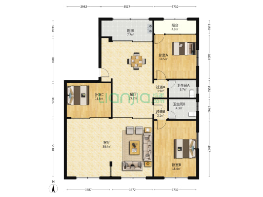 宁康东路 3室2厅2卫 185平方