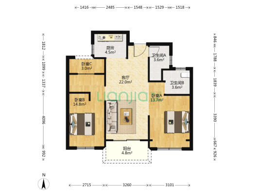 未来旭辉城 3室1厅2卫 89平方