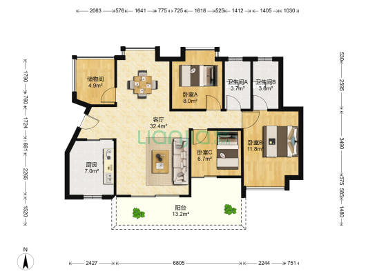 一城悦府 3室1厅2卫 112平方