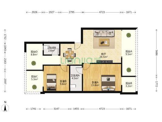 新开街3号 2室1厅2卫 105平方