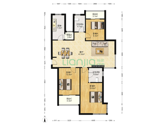 新港名仕花园 3室1厅2卫 146平方