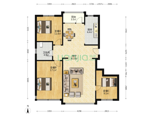 世纪海云天一期 3室1厅1卫 122平方
