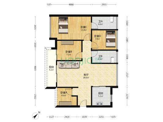 信业汇景台 4室1厅2卫 97平方