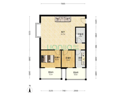 全南向二居，中档装修，业主诚心出手。-户型图