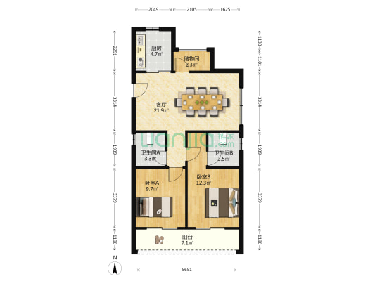 古墩彩虹轩 2室1厅2卫 89平方