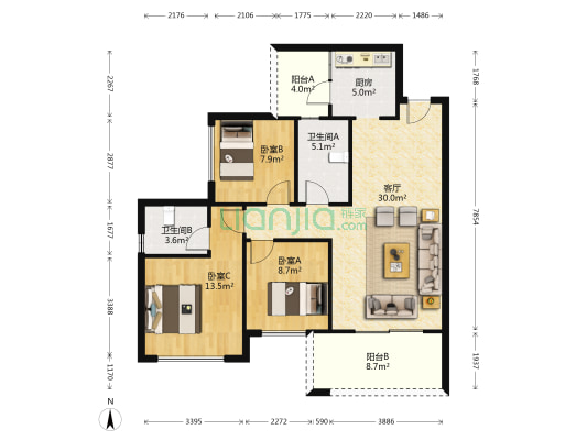 永兴世家 3室1厅2卫 88平方