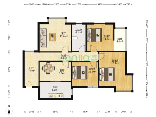 绿洲云顶 3室2厅1卫 138平方
