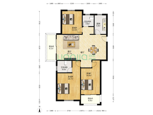 凯顺瑞城 3室1厅2卫 134平方