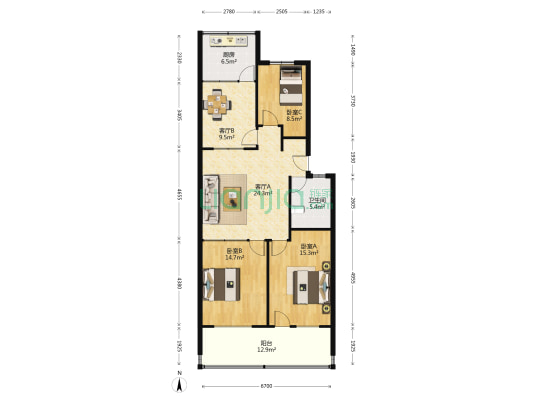 港基开发工商局宿舍 3室2厅1卫 117平方