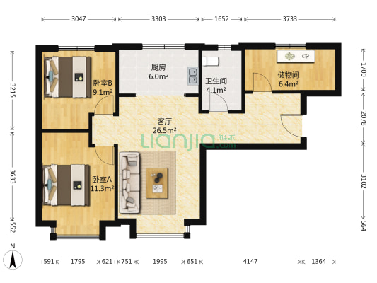 大唐印象唐雅苑 2室1厅1卫 84平方