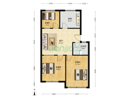 青岛第十织布厂宿舍 3室1厅1卫 90平方