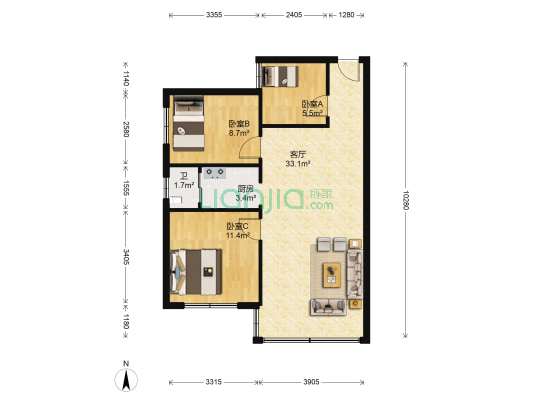 阳光花园 3室1厅1卫 79平方