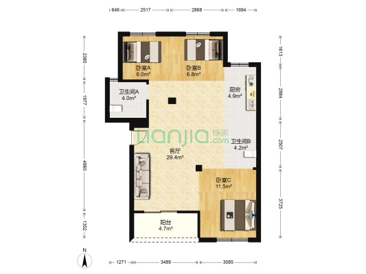 竹韵小筑 3室1厅2卫 89平方