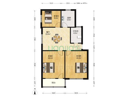 上耀小区 3室1厅1卫 92平方