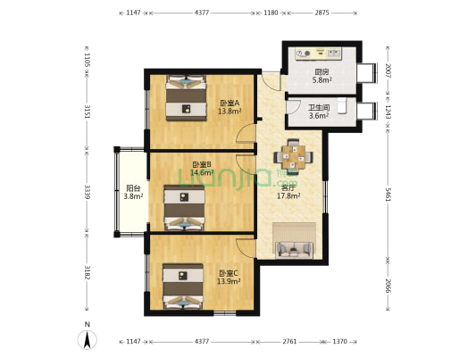 张家湾派出所宿舍宿舍 3室1厅1卫 89平方
