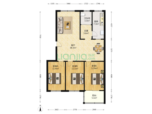路路通仟禧花园 3室1厅1卫 110平方