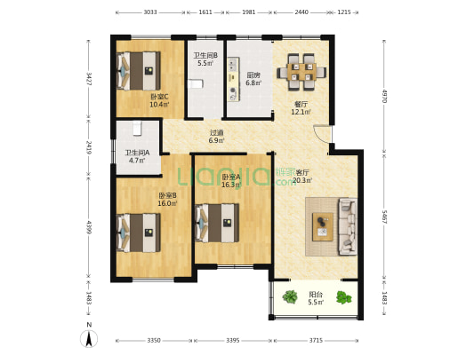 梧丰小区 3室2厅2卫 125平方