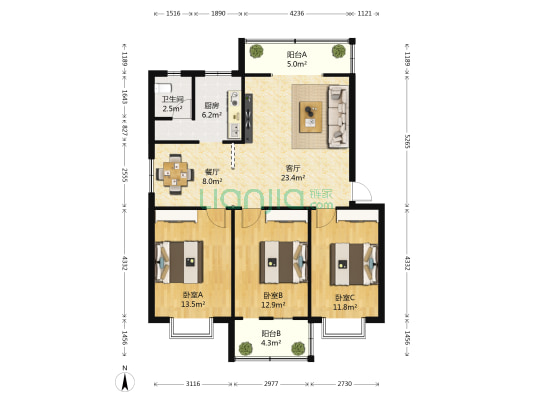 广西电力系统职工南宁生活基地A区 3室2厅1卫 102平方
