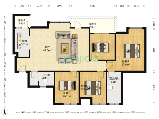 华润二十四城七期 4室1厅2卫 136平方