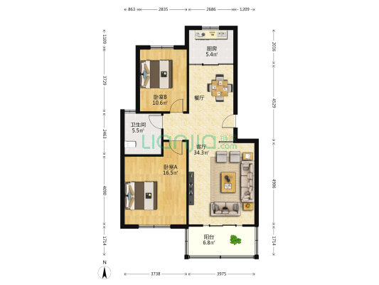 金质花园 2室1厅1卫 93平方