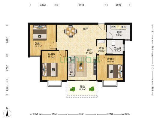 东方名城 3室1厅1卫 112平方