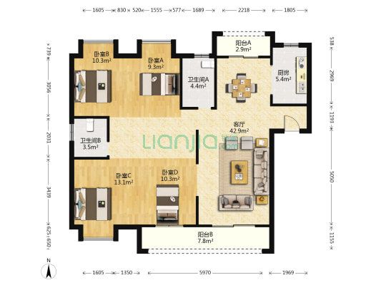 新影华翔城 4室1厅2卫 137平方