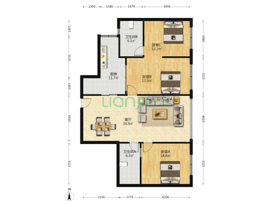 金南新苑 3室1厅2卫 140平方