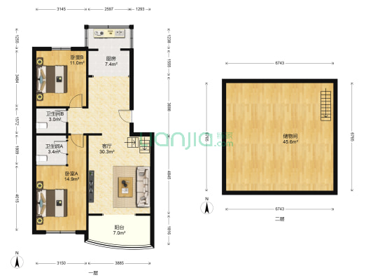 万国金色家园 2室1厅2卫 97平方