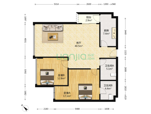 红鼎国际名苑 2室1厅2卫 123平方