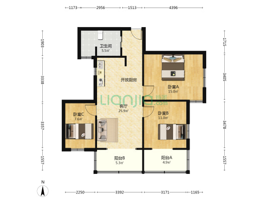 申达利宏大楼 3室1厅1卫 105平方