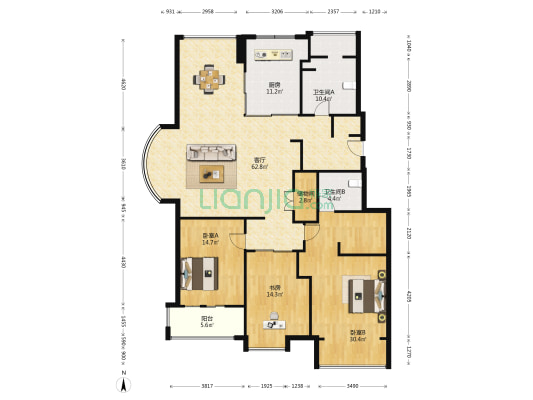 佳鸿芝园 3室1厅2卫 178平方