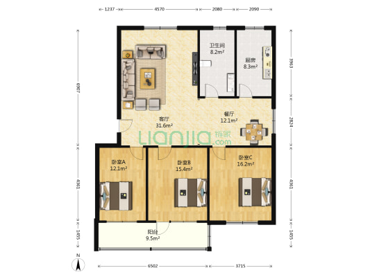 鲁能齐林家园 3室2厅1卫 141平方