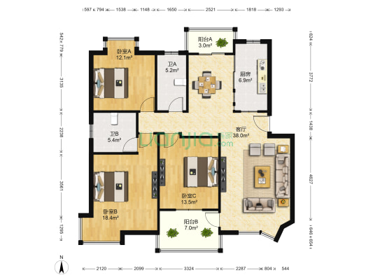 名门世家 3室1厅2卫 126平方