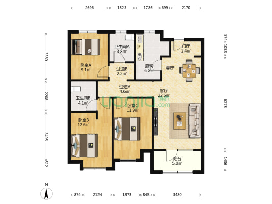 富力城北区 3室1厅2卫 116平方